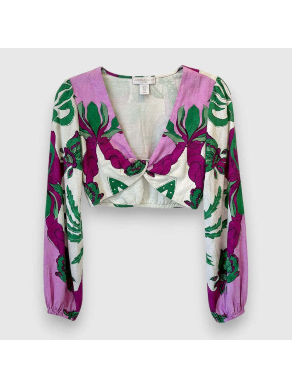 Caroline Constas Floral Palm Balloon Sleeve Crop Top—XS